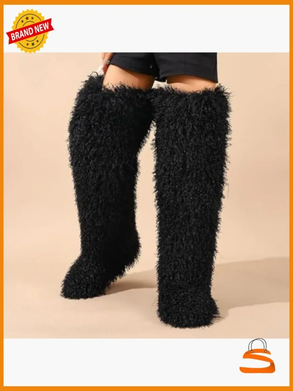 Faux fur knee-high boots, Y2K over-the-knee fluffy flat boots 28in